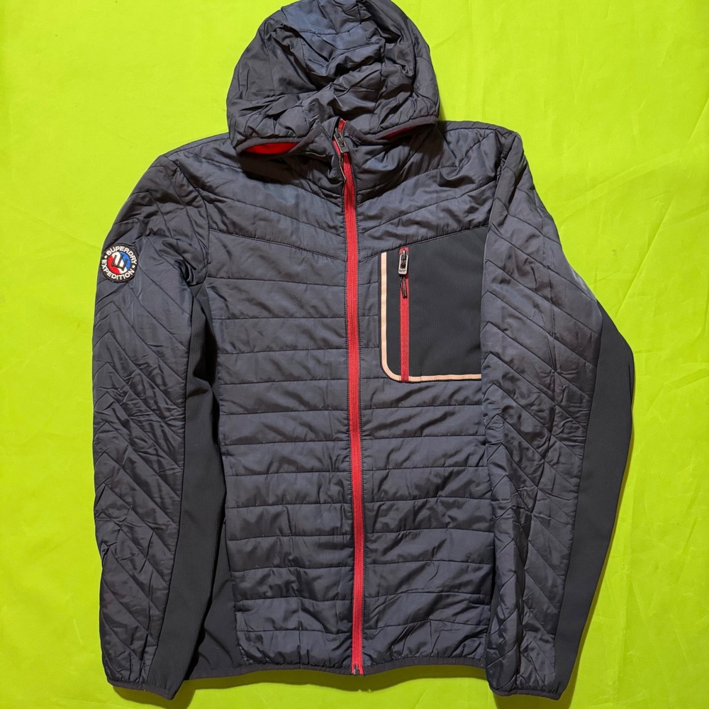Superdry Expedition Hooded Puffer Jacket Mens Large Black Red Hybrid